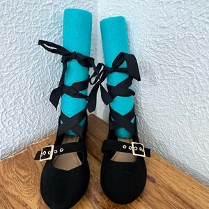 BAMBOO Black Lace-Up Ballet Flats with Gold Buckle